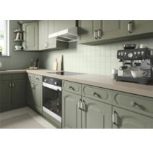 Klassische Küche mit Küchenschränken, Herd, Dunstabzugshaube und Kaffeemaschine