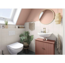 Badezimmer mit Toilette, Waschbecken, Spiegel und Dekoration unter Dachschräge