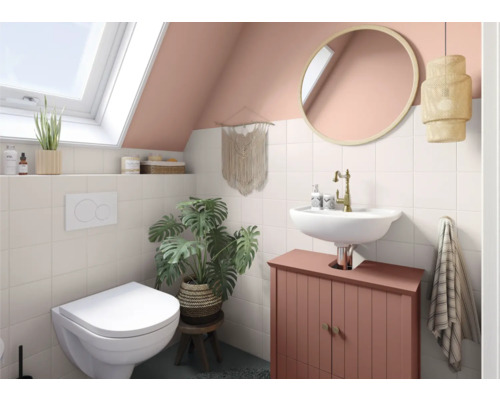 Badezimmer mit Toilette, Waschbecken, Spiegel und Dekoration unter Dachschräge