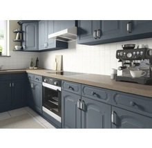 Küche mit blauen Schränken, Dunstabzugshaube, Herd und Kaffeemaschine