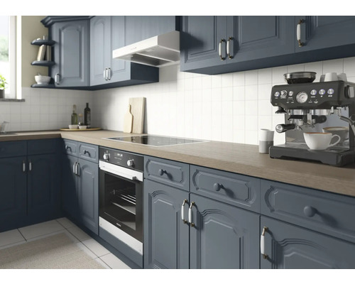 Küche mit blauen Schränken, Dunstabzugshaube, Herd und Kaffeemaschine