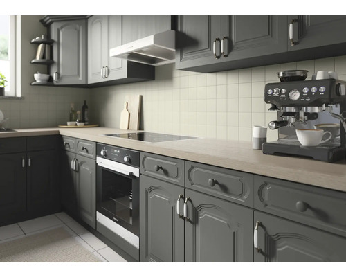 Küche mit grauen Schränken, Elektroherd und Dunstabzugshaube.