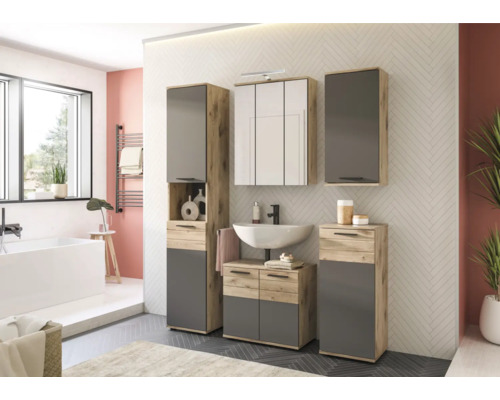 Modernes Badezimmer mit Waschtisch, Spiegelschrank und Hochschränken in Holzoptik und Grau