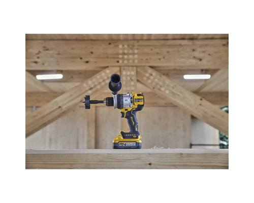 DeWalt Akku-Bohrmaschine mit Fräsbohrer vor Holzkonstruktion
