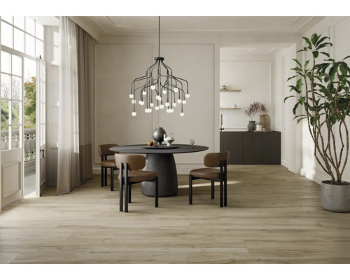 Esszimmer mit Esstisch, Stühlen, Pendelleuchte und Holzboden