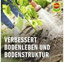 Verbesserte Bodenqualität beim Gießen einer Pflanze mit Compo Logo