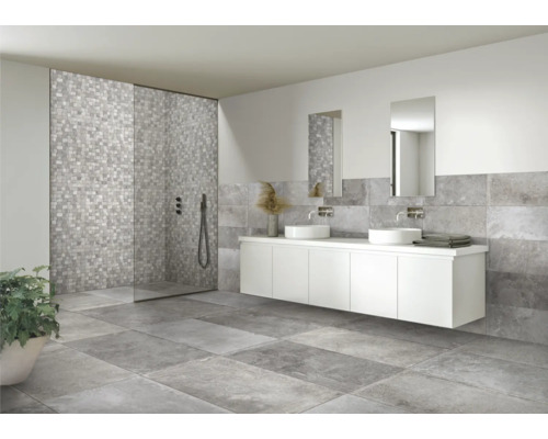 Modernes Badezimmer mit grauen Fliesen, Duschkabine und Waschbeckenunterschrank