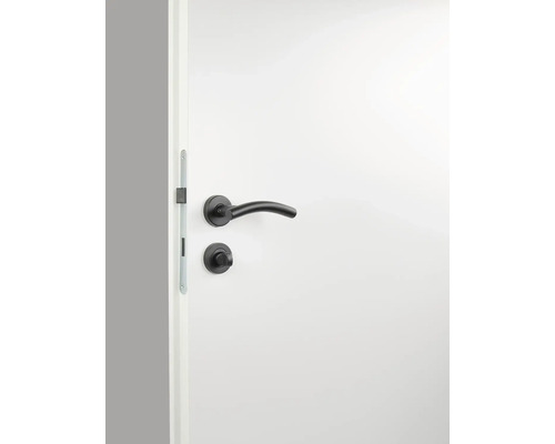 Weiße Innentür mit schwarzer Türklinke und Schloss