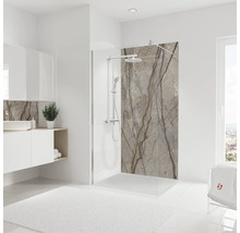 Modernes Badezimmer mit Duschkabine, Waschtisch und weißem Teppich