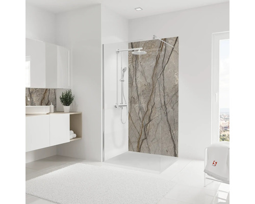 Modernes Badezimmer mit Duschkabine, Waschtisch und weißem Teppich