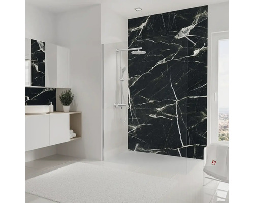 Helles Badezimmer mit schwarzer Duschwand in Marmoroptik, Waschbecken und Dusche