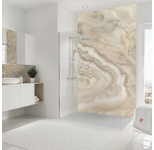 Modernes Badezimmer mit Dusche, Waschtisch und Marmoroptik