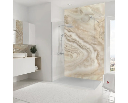 Modernes Badezimmer mit Dusche, Waschtisch und Marmoroptik