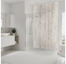 Helles Badezimmer mit Dusche, Waschbecken und modernem Design