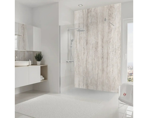 Helles Badezimmer mit Dusche, Waschbecken und modernem Design