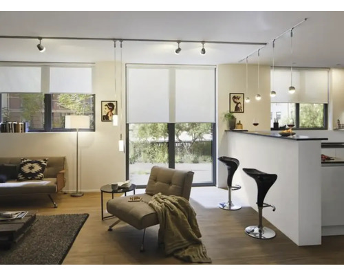 Heller Wohnraum mit Couch, Sessel, Rollos und Beleuchtungssystem