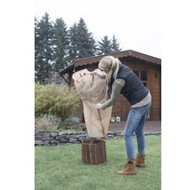 Frau schützt Pflanze mit Winterschutzhülle im Garten.