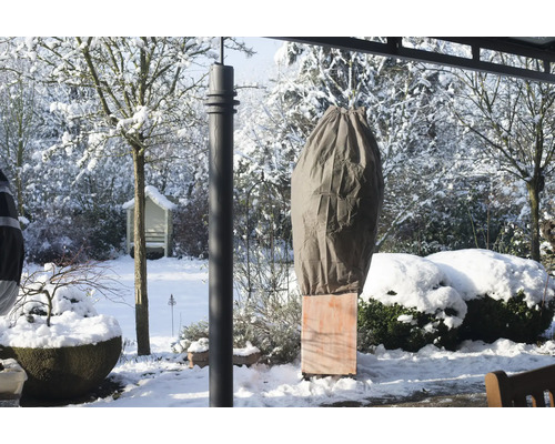 Winterlandschaft mit Pflanzenschutzhülle im Garten