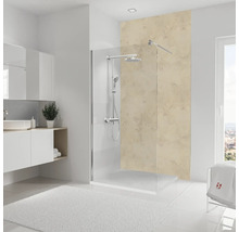 Helles Badezimmer mit Duschkabine, Waschbecken und Badteppich