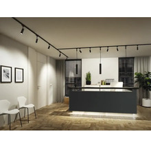 Helles Interieur mit linearem Lichtsystem, Büromöbeln und Pflanzen