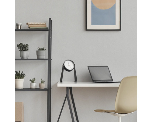 Innenraumszene mit Schreibtisch, Tischuhr, Regal und Zimmerpflanzen