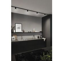 Moderne Küche mit schwarzer Küchenzeile, Spüle, Regal und schwarzem Schienensystem mit Strahlern.