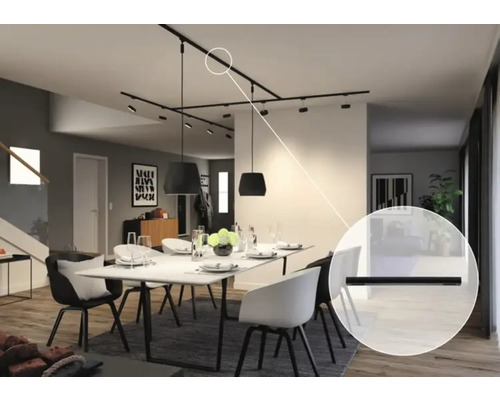 Esszimmer mit Schienensystem und Pendelleuchten