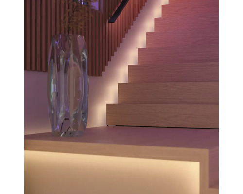 Szene mit beleuchteter Treppe, Dekorationsgegenständen und Treppengeländer.