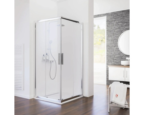 Moderne Badezimmerszene mit Duschkabine, Waschtisch und Holzboden