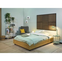 Schlafzimmer mit Bett, Nachttisch, Sessel, Regal und Wandpaneel