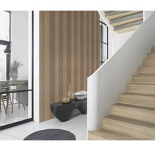 Heller Raum mit Holztreppe, Wandpaneelen in Holzoptik und dekorativen Elementen