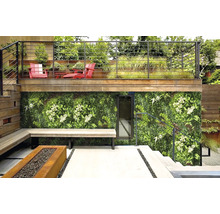 Außenbereich mit Grünwand, Sitzbank und Feuerstelle