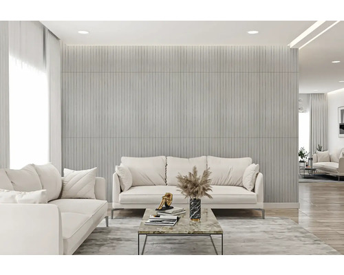 Wohnzimmer mit Sofas, Couchtisch und strukturierter Wandverkleidung für eine moderne Raumgestaltung.