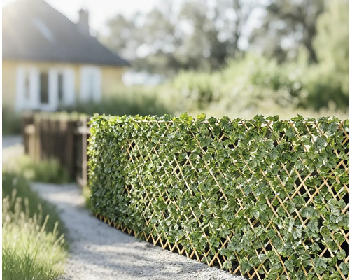 Dekorativer Sichtschutz aus Rankgitter mit künstlichen Blättern im Garten.
