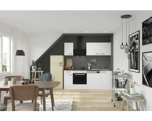 Helles Esszimmer mit Küchenzeile, Esstisch und Stühlen