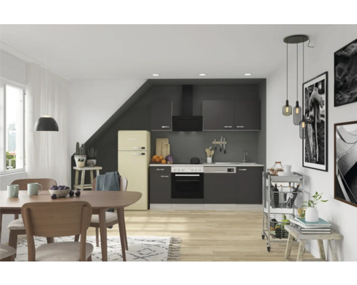 Helles Esszimmer mit Esstisch, Stühlen und Küchenzeile mit Elektrogeräten und Küchenschränken.