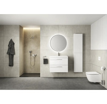 Badezimmer mit Dusche, Waschbeckenunterschrank, Spiegel, Hochschrank und Toilette.
