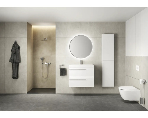 Badezimmer mit Dusche, Waschbeckenunterschrank, Spiegel, Hochschrank und Toilette.