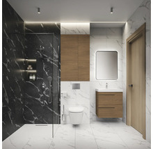 Modernes Badezimmer mit Dusche, Waschbeckenunterschrank, Toilette und Marmoroptik.