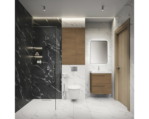 Modernes Badezimmer mit Dusche, Waschbeckenunterschrank, Toilette und Marmoroptik.