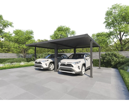 Doppelcarport mit zwei Autos im Garten