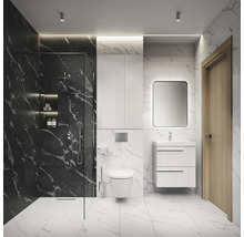 Modernes Badezimmer mit Dusche, Waschbecken, Spiegelschrank und Toilette.