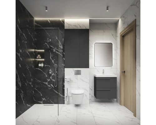 Modernes Badezimmer mit Dusche, Waschtisch, Spiegel und Toilette in Marmoroptik