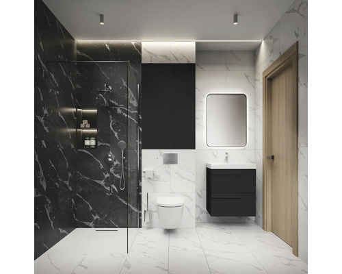 Modernes Badezimmer mit Dusche, Waschbeckenunterschrank, Spiegelschrank und Toilette in Marmoroptik