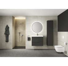 Badezimmer mit Dusche, Waschbeckenunterschrank, Spiegelschrank, Hochschrank und Toilette