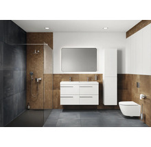 Modernes Badezimmer mit Dusche, Waschtisch mit Spiegel, Hochschrank und Wand-WC.