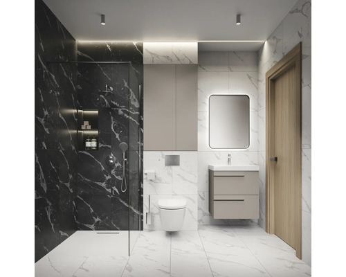 Modernes Badezimmer mit Dusche, Toilette, Waschtisch und Spiegel