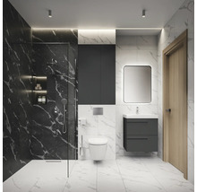 Modernes Badezimmer mit Dusche, Toilette, Waschtisch und Spiegel