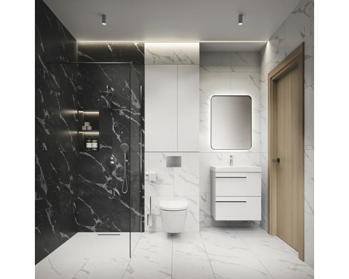 Modernes Badezimmer mit Dusche, Waschtisch, Spiegelschrank und Toilette.