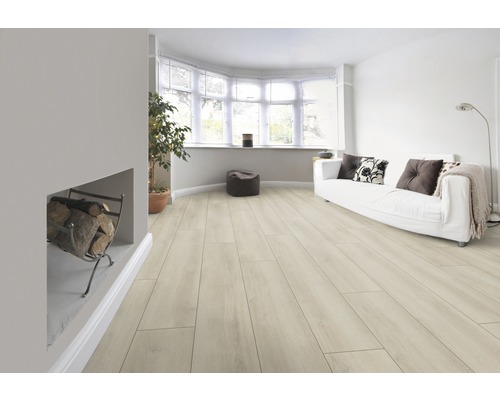 Heller Wohnraum mit Laminatboden, Sofa und Kamin